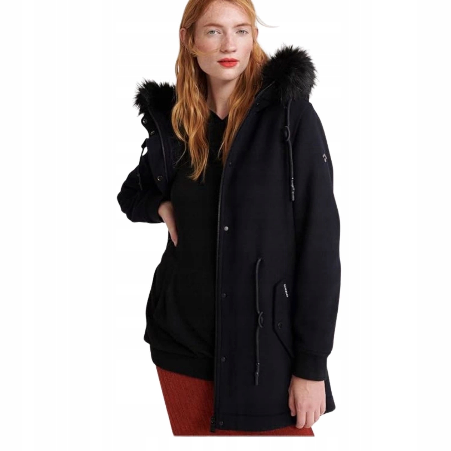 Dámský kabát Superdry , tmavě modrý, vlněný, s kapucí nad kolena vel. 42