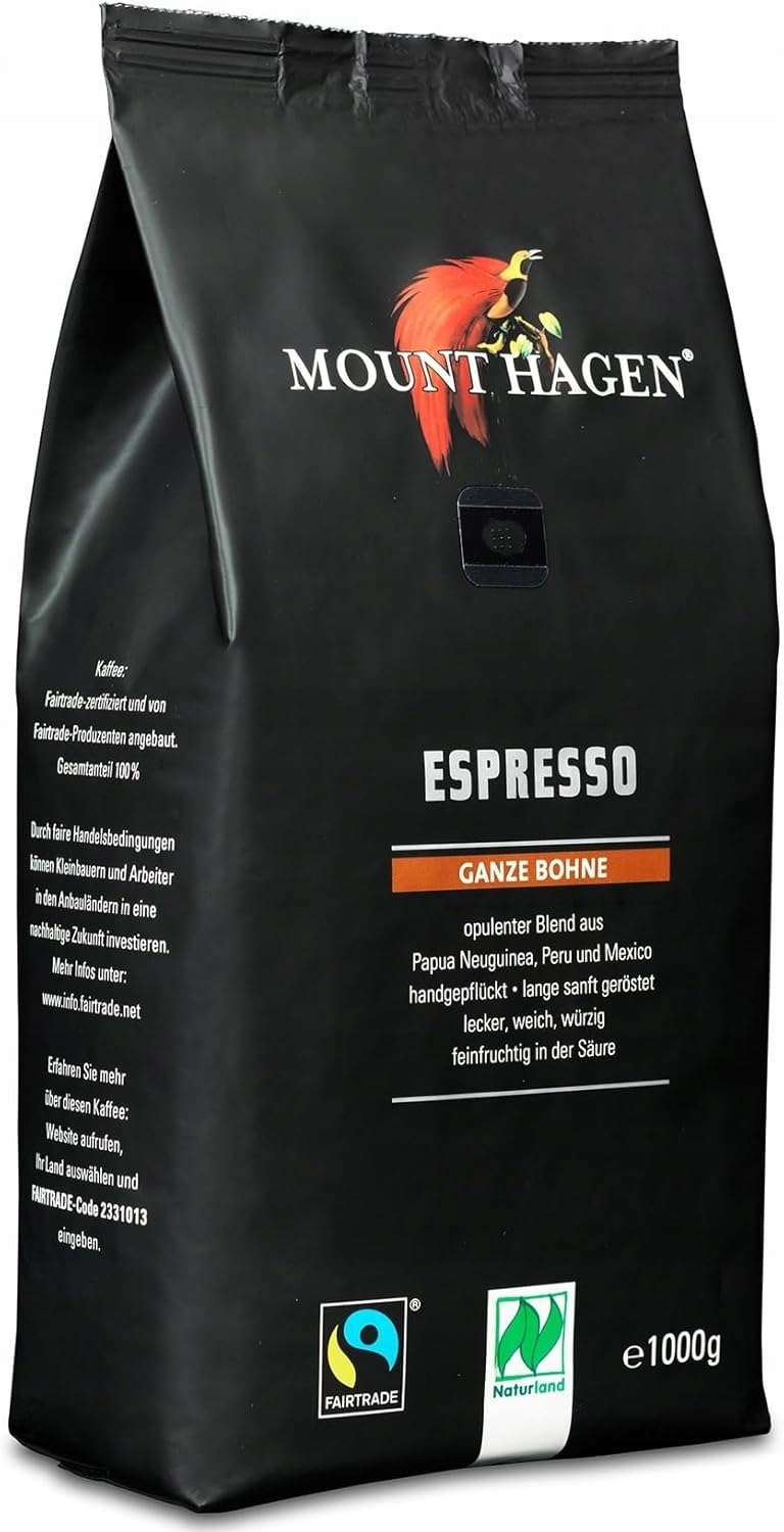 Levně Mount Hagen Káva Zrno Espresso Tmavě pražená Čokoládová Naturland 1000 g