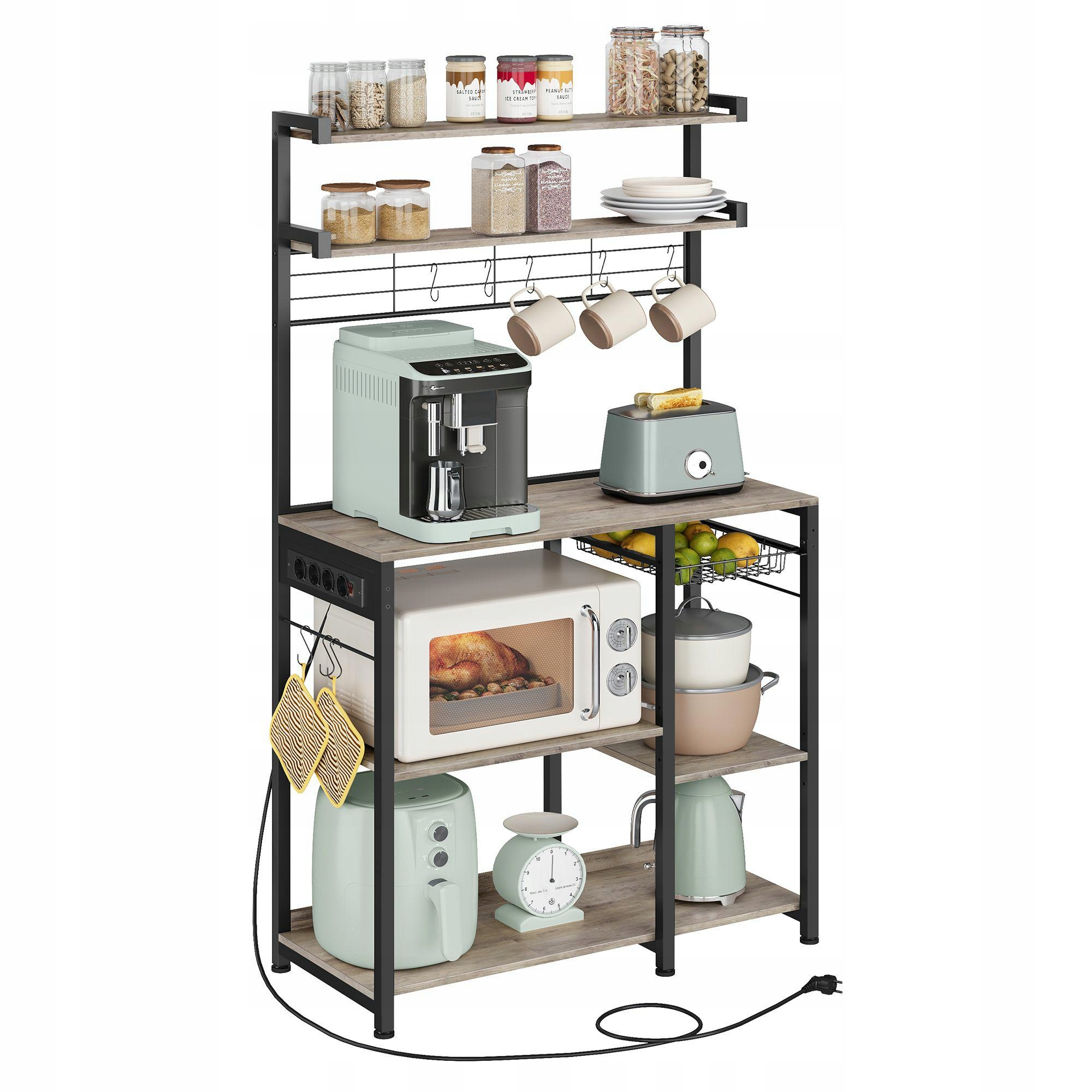 Inovatívna šedá kuchynská skrinka s napájacou lištou pre 4 zásuvky, 8 háčikov