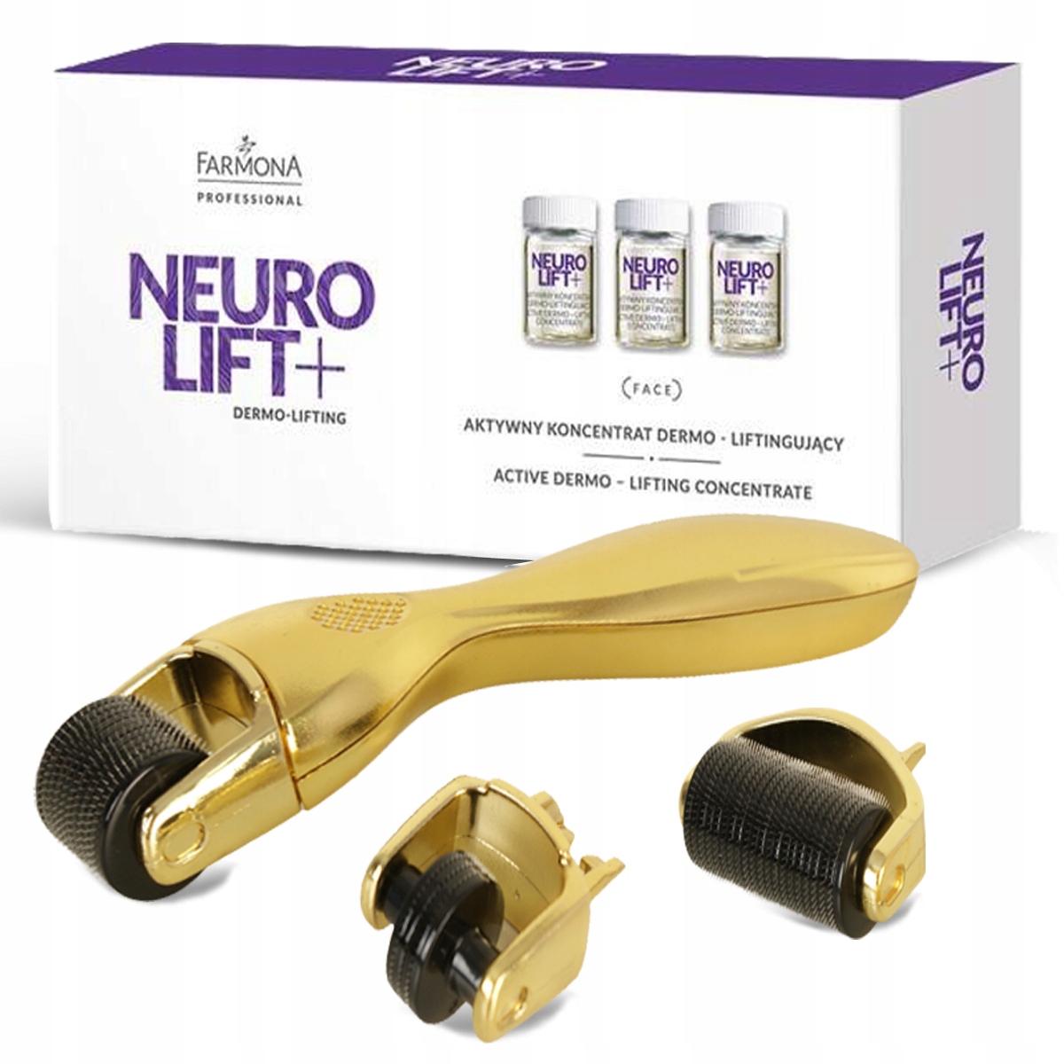 Derma roller 3w1 złoty mezoterapia igłowa 5 ampułek Farmona Neurolift+