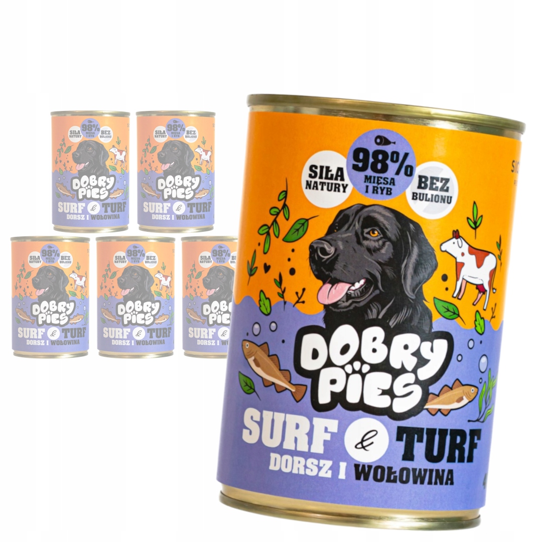 Levně Dobry Pies Surf & Turf 6x400 g Vlhké Krmivo pro dospělé psy Příčesek Hovězí maso