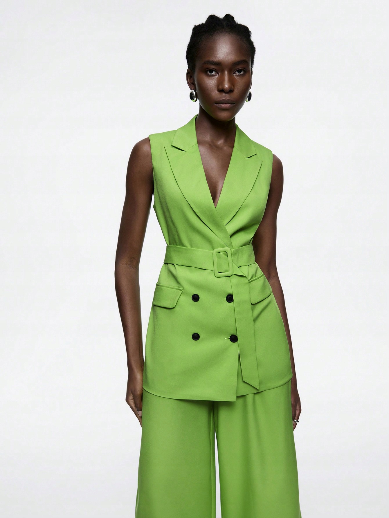 Dámský Oblek, Elegantní Zelená Vesta S Páskem, Kalhoty Shein