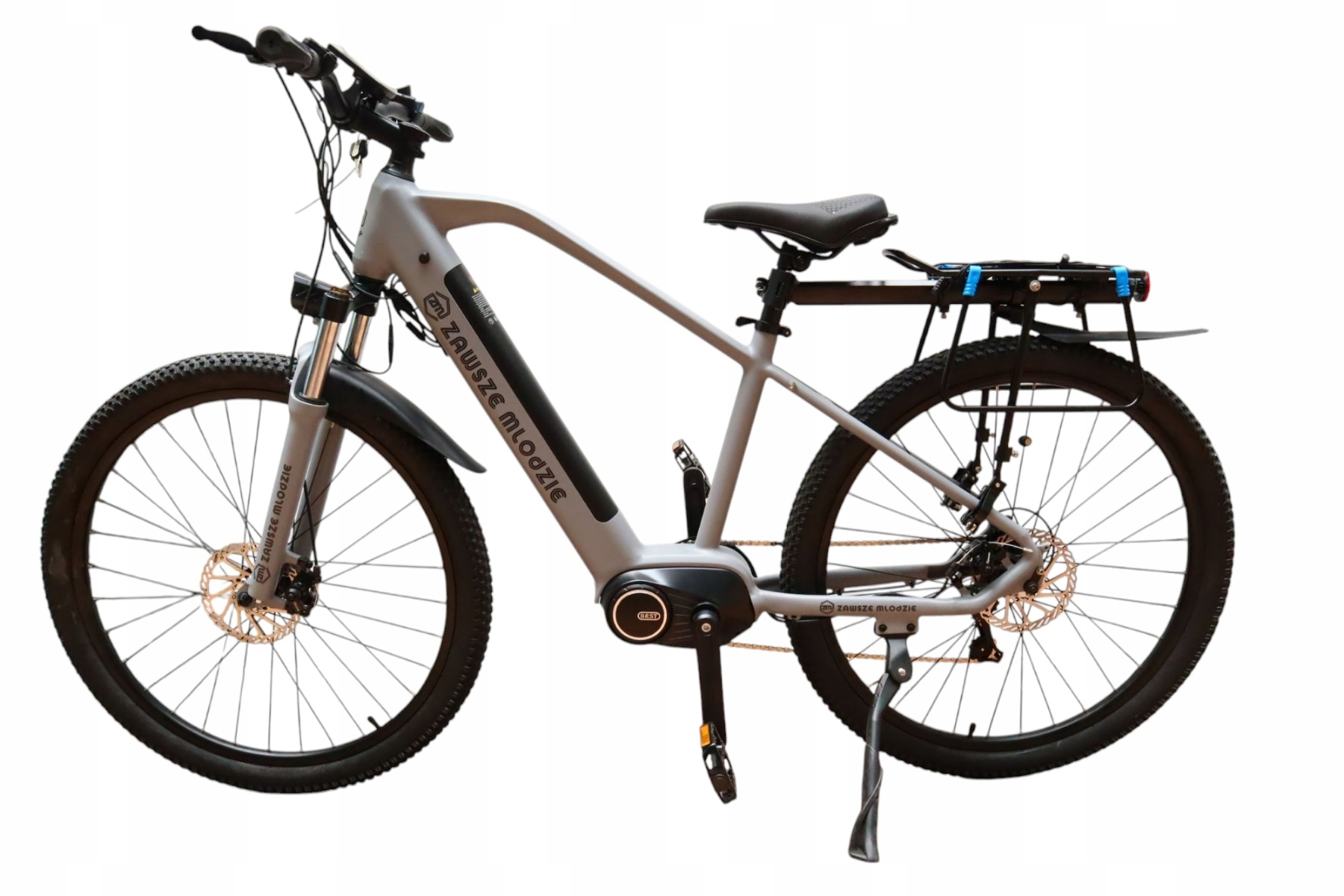 Rower Elektryczny Damski Męski Zawsze Mlodzie 250W 7.8Ah 27" Bagażnik Szary