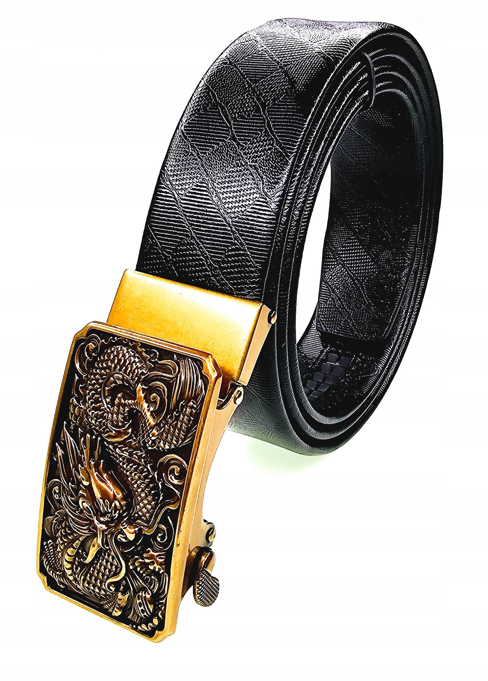 Luxusní Černý Pánský Kožený Opasek Automatický Zlatý Drak 125 CM