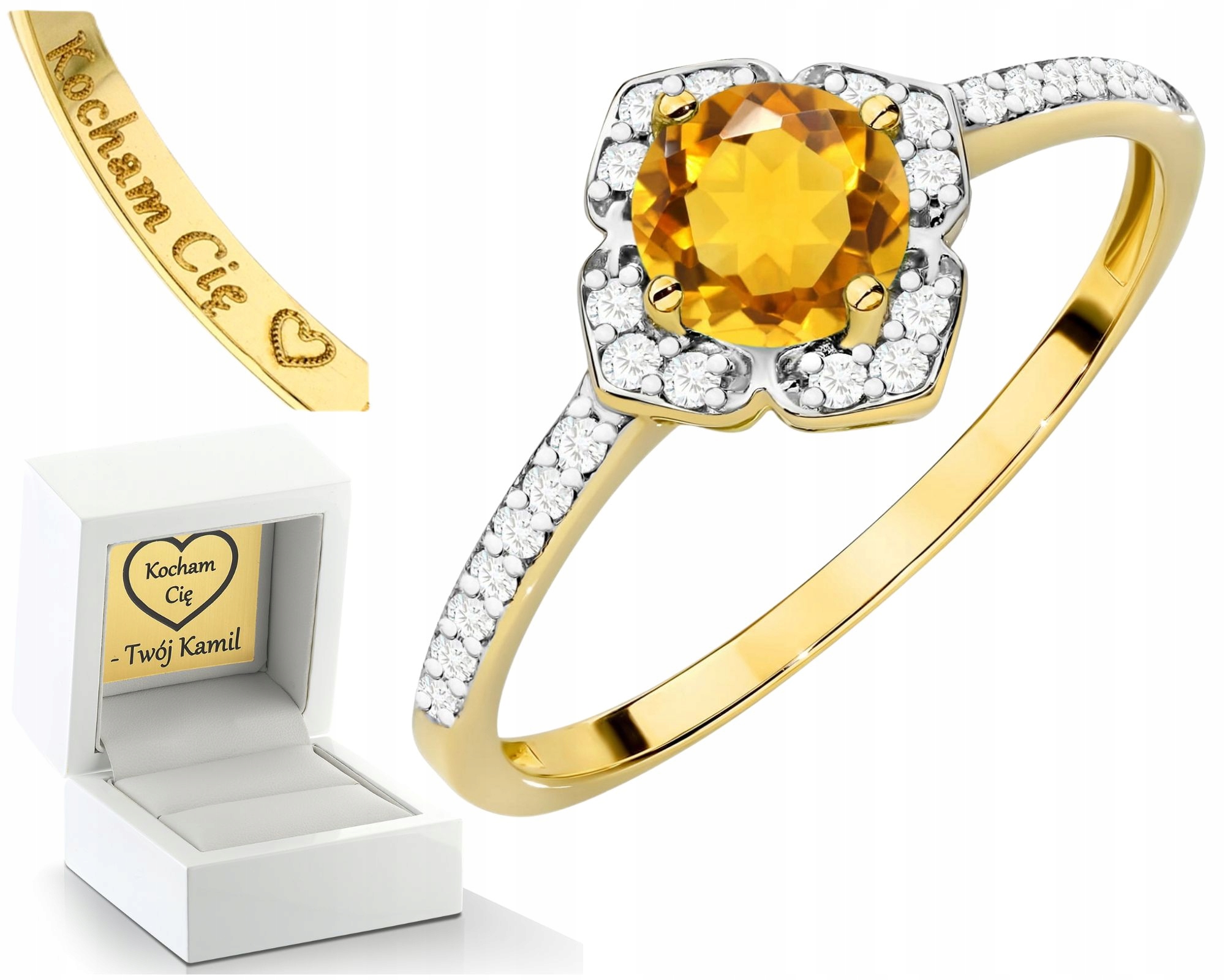 Prstýnek Prsten S Citrínem A Diamanty 585 14K Zlato Jako Gravírování Dárek