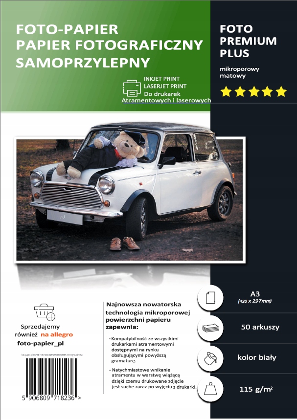 Papier Foto Matowy Samoprzylepny A3 115g 50ark