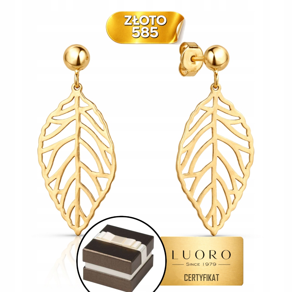 Náušnice Zlaté 585 14K Lístky 2,9 CM Krabička Dárek Certifikát