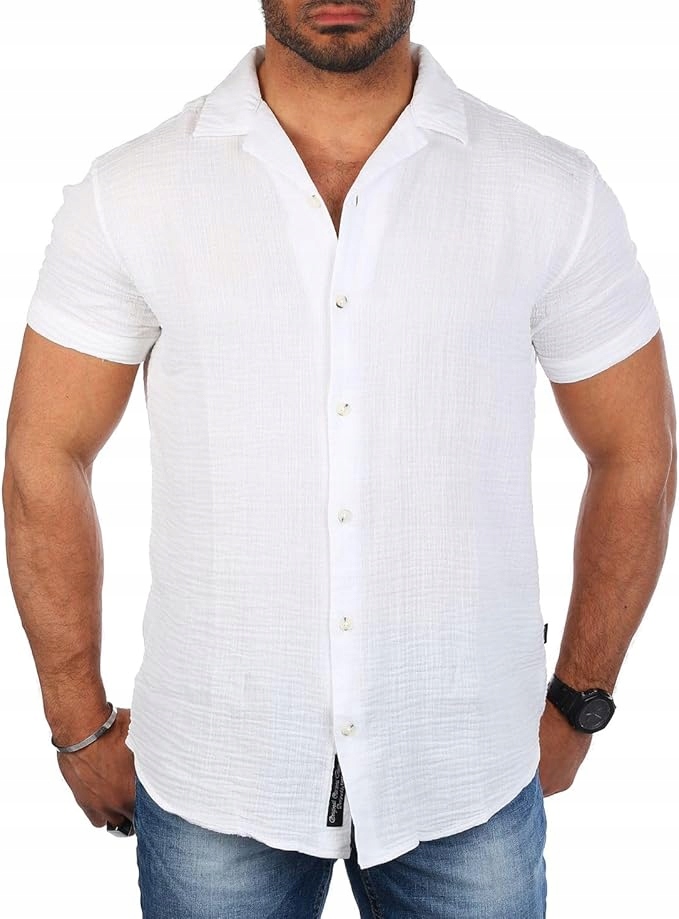 Pánská letní plážová mušelínová košile s krátkým rukávem Bavlna Bílá XXL
