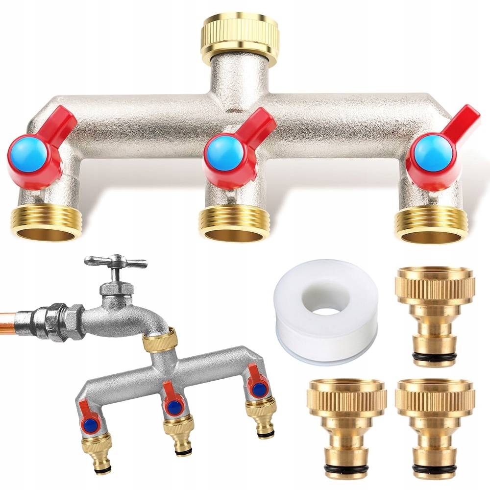 Mosazný 3-CESTNÝ Kohoutkový Rozdělovač Pro Zahradní Hadici, Závit G3/4 S Ventilem