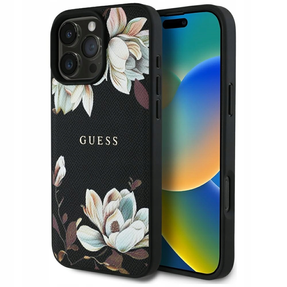 Pokrowiec Guess GUHMP16LPGNMPLMK iPhone 16 Pro Grained Flowers Classic Mag