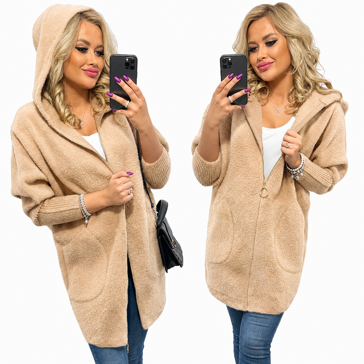 Alpaki Zip Kabát Vlna Barvy oversize Dlouhý Světlý Camel