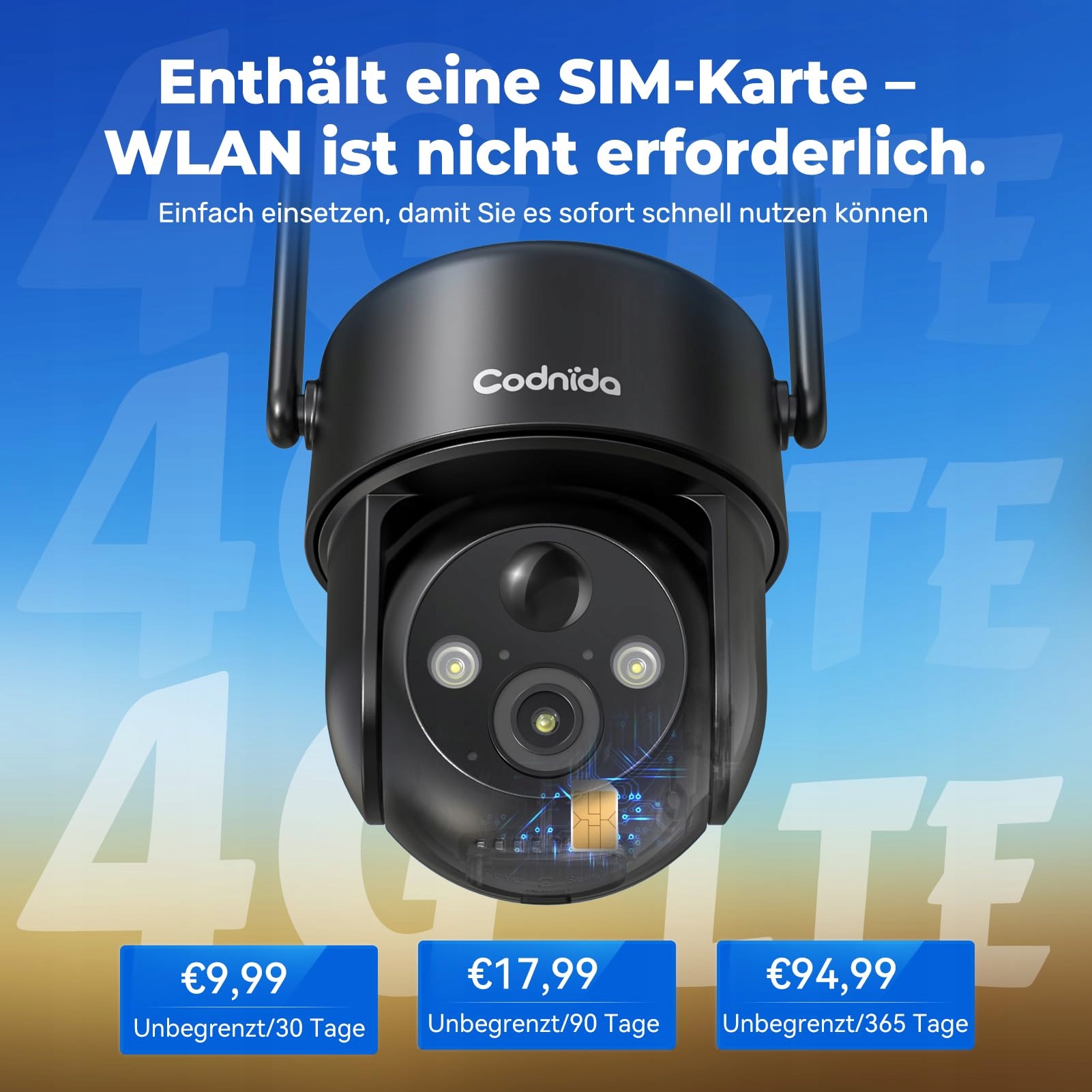 CODNIDA Kamera Zewnętrzna 4G LTE z SIM 3MP HD 9000mAh IP65 Audio PIR — miniatura 2