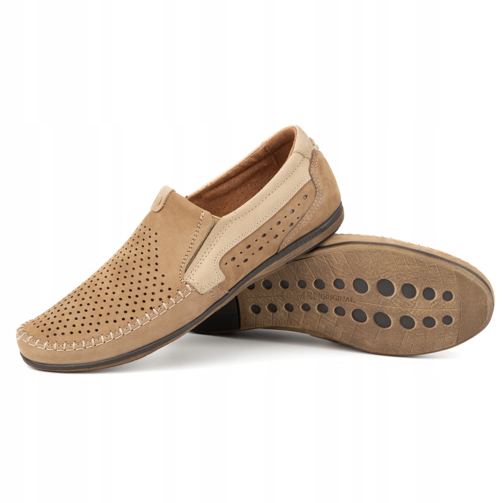 Pánské kožené nazouvací mokasíny na léto ažurové 0525 béžové 40