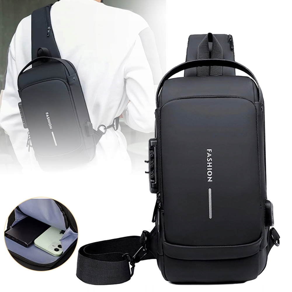 SLING BAG TORBA NA KLATKĘ PIERSIOWĄ, MĘSKA TORBA NA RAMIĘ, OCHRONA HASŁEM