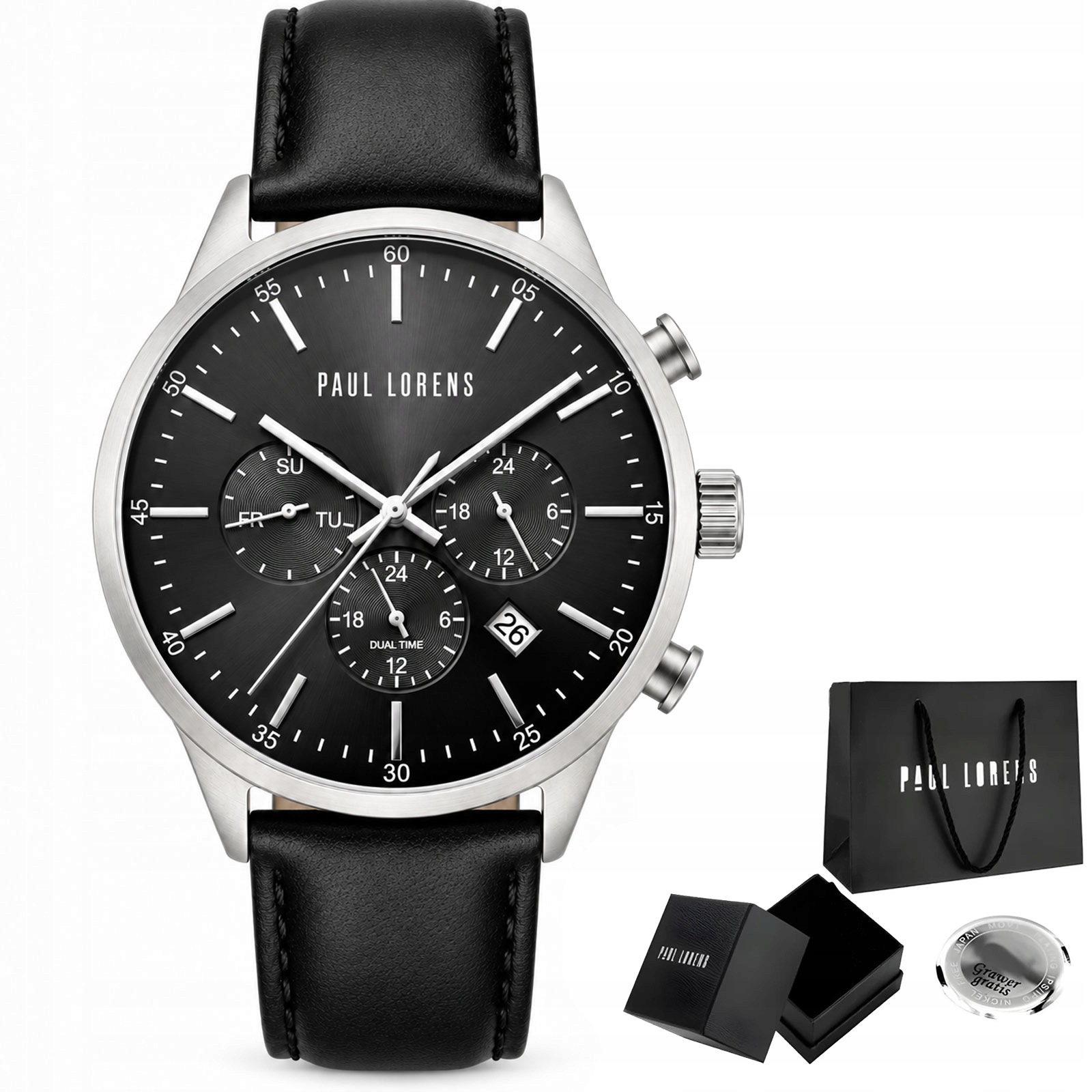 Pánské hodinky Paul Lorens Largo Dual Time pro tatínka kožené Gravírování