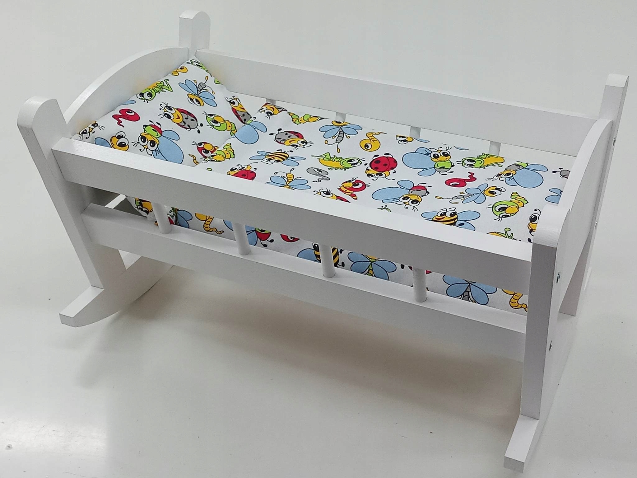 KOŁYSKA DLA LALEK BIAŁA + POŚCIEL Z MATERACEM