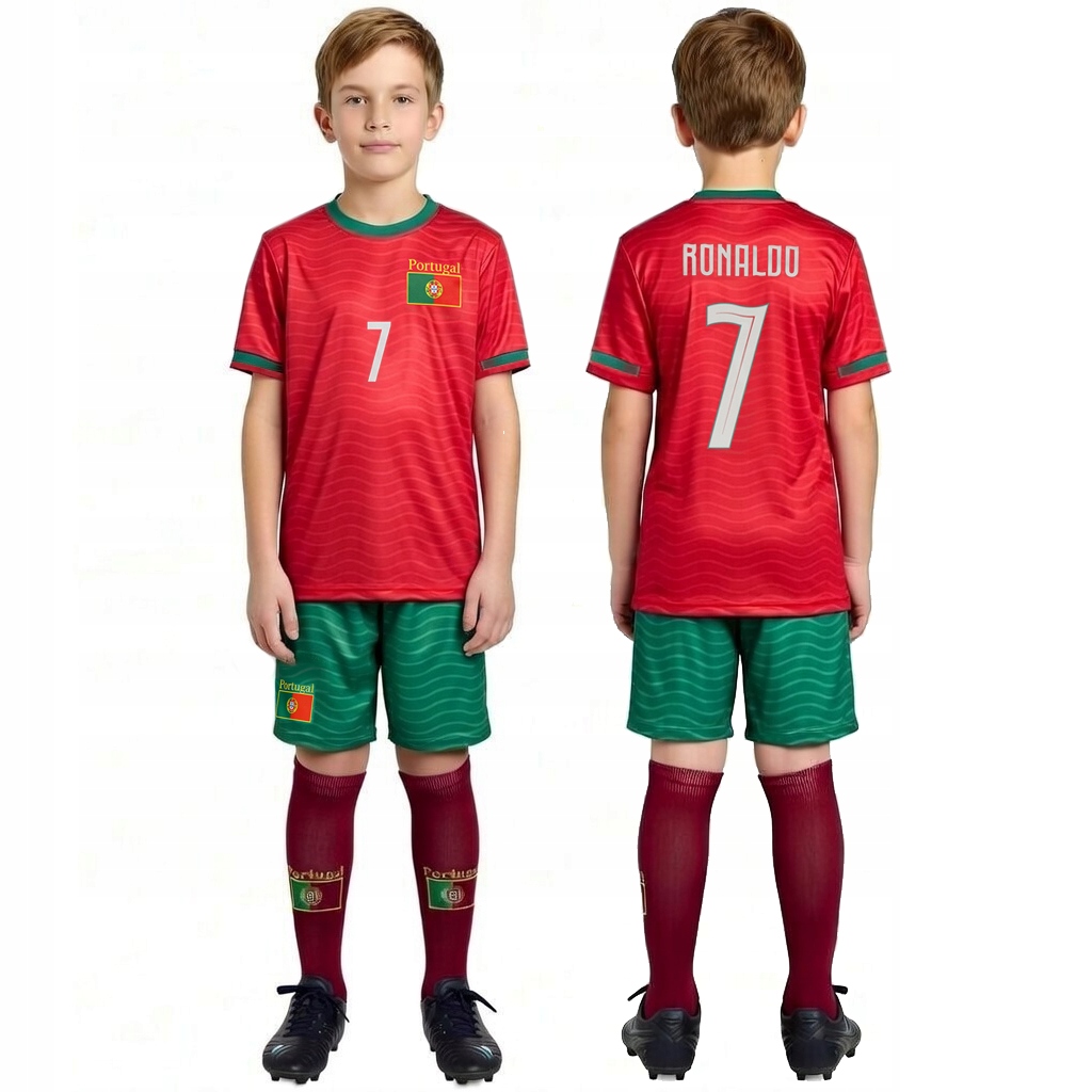 Strój Piłkarski 3w1 Ronaldo 7 Koszulka Spodenki Getry-skarpety 140 cm