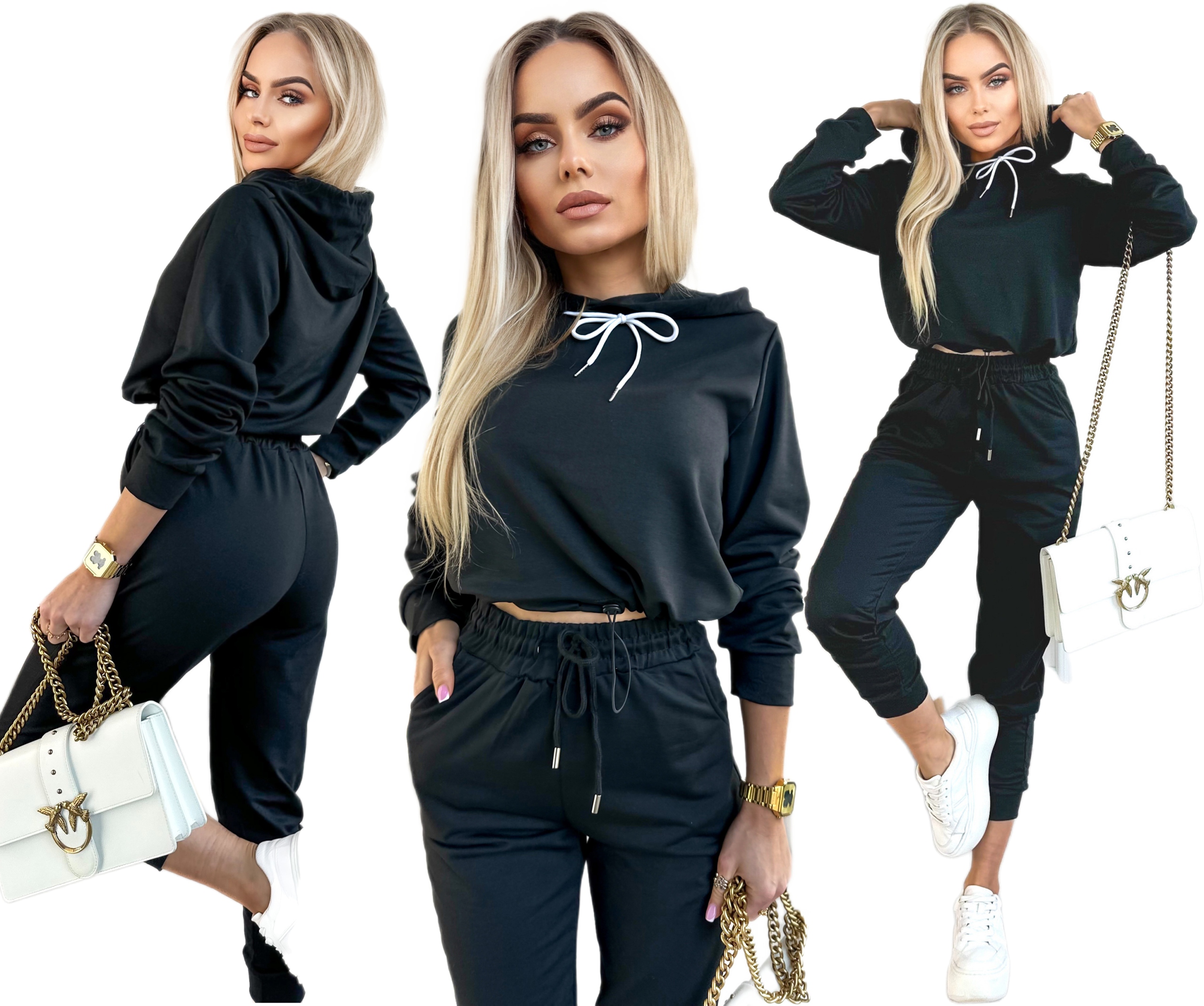 Modny Dres damski Komplet Dresowy krótka bluza z kapturem spodnie