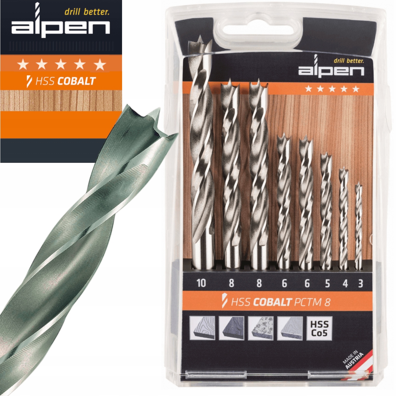 Alpen zestaw, wiertła do drewna fi 3/4/5/6/8/10 mm Hss Cobalt Pctm 8 sztuk