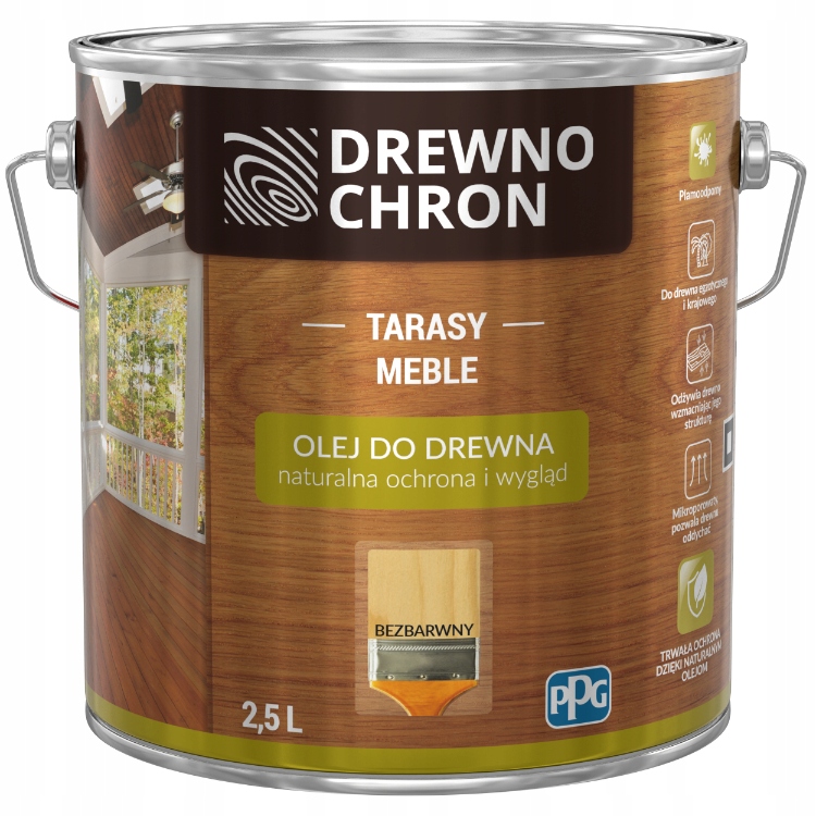 Drewnochron Olej do drewna Odżywia Drewno bezbarwny 2,5L do 40m²