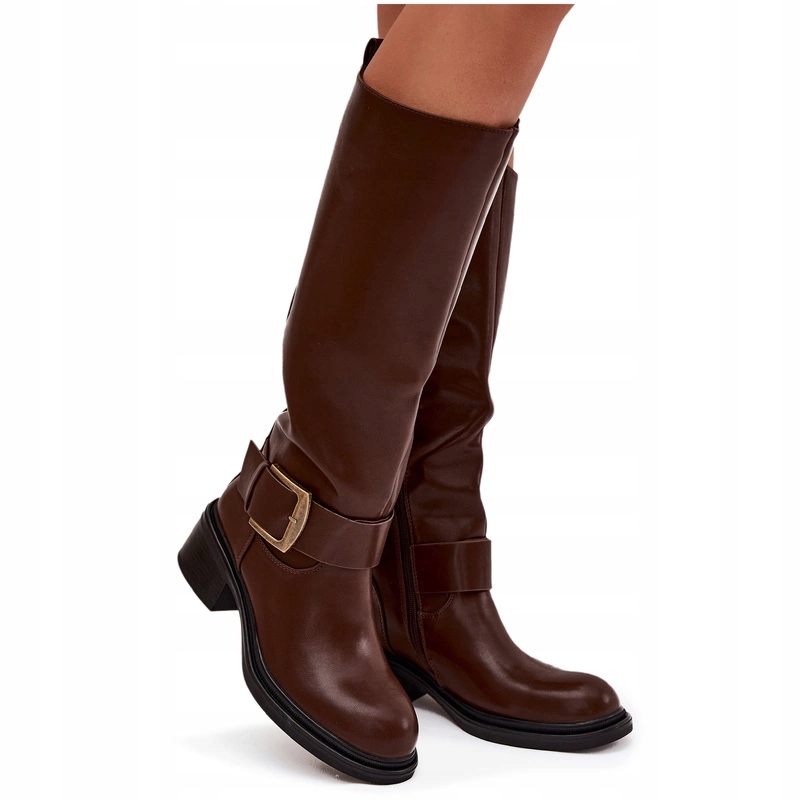 Dámské Kozačky Podpatek Kloecek Zateplené Na Zip Pásek S Přezkou Hnědé 37