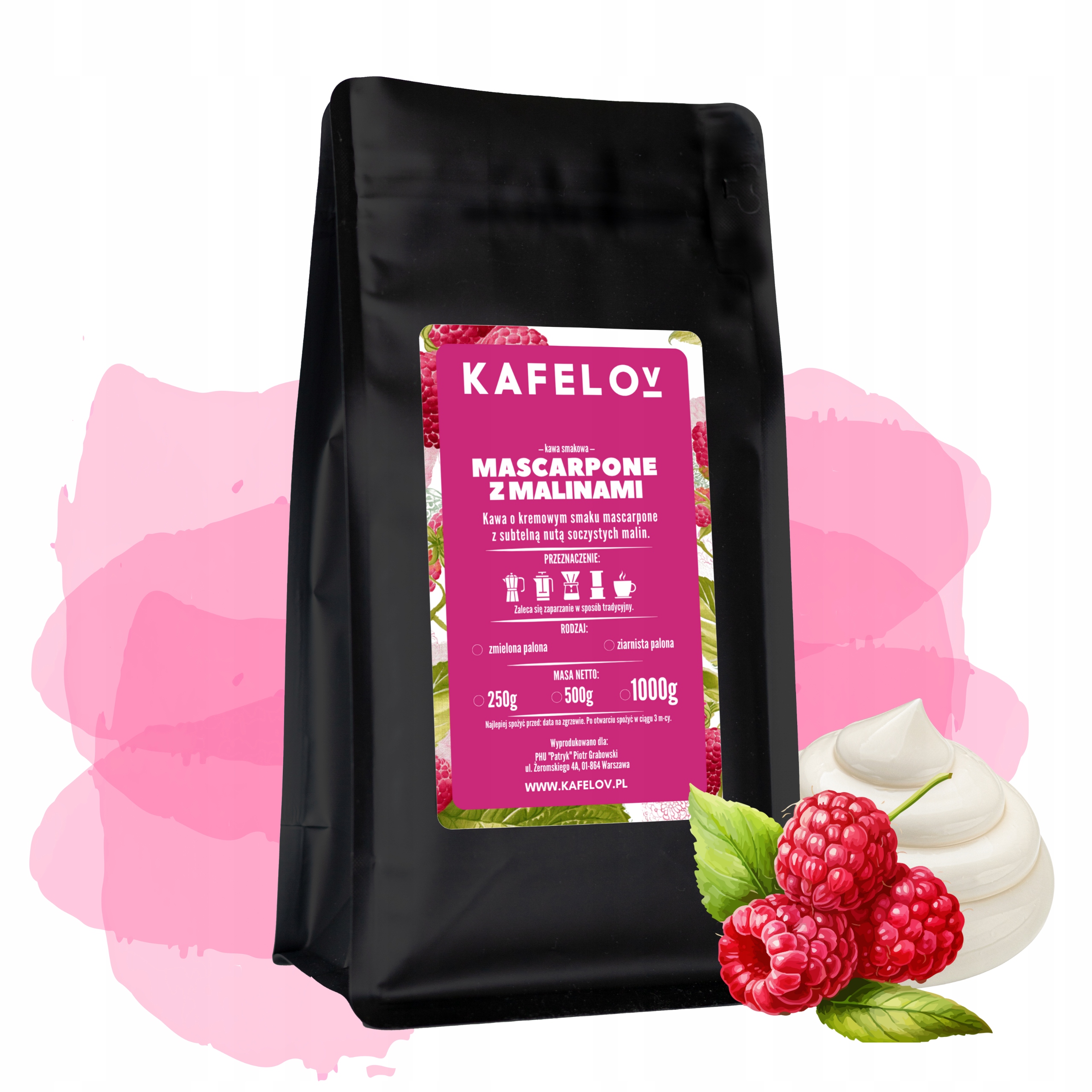 Levně Káva ochucená Mascarpone s malinami 1 kg mletá, čerstvě pražená