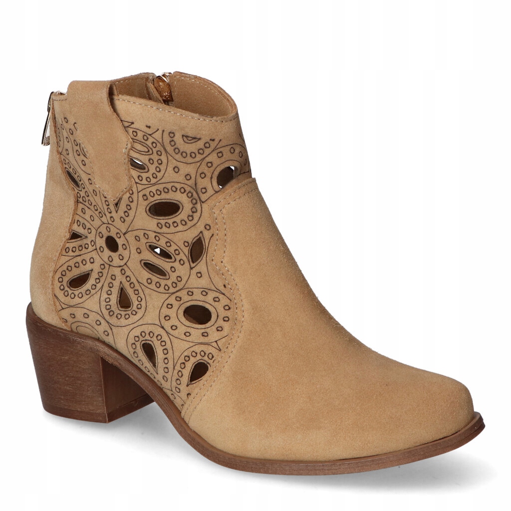 Kotníkové Boty Lewski Ažurové Na Podpatku Béžová B Semišové Kožené