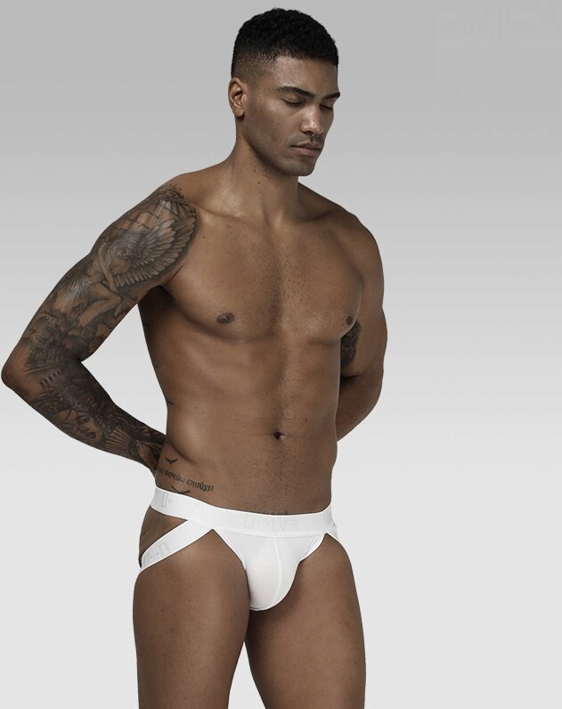 Męskie białe STRINGI slipy jockstrap g-string S/M Model JOCKSTRAPS jock strap SEXY GYM thong