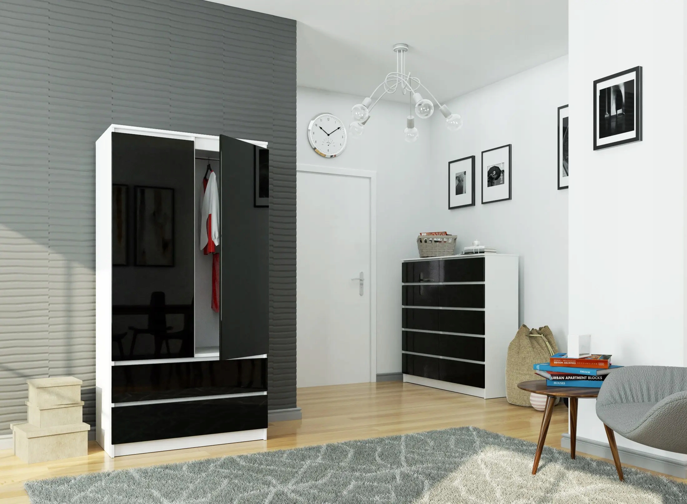 SZAFA GARDEROBA DRZWI SZUFLADY WYSOKI POŁYSK 90 cm Kolor biały