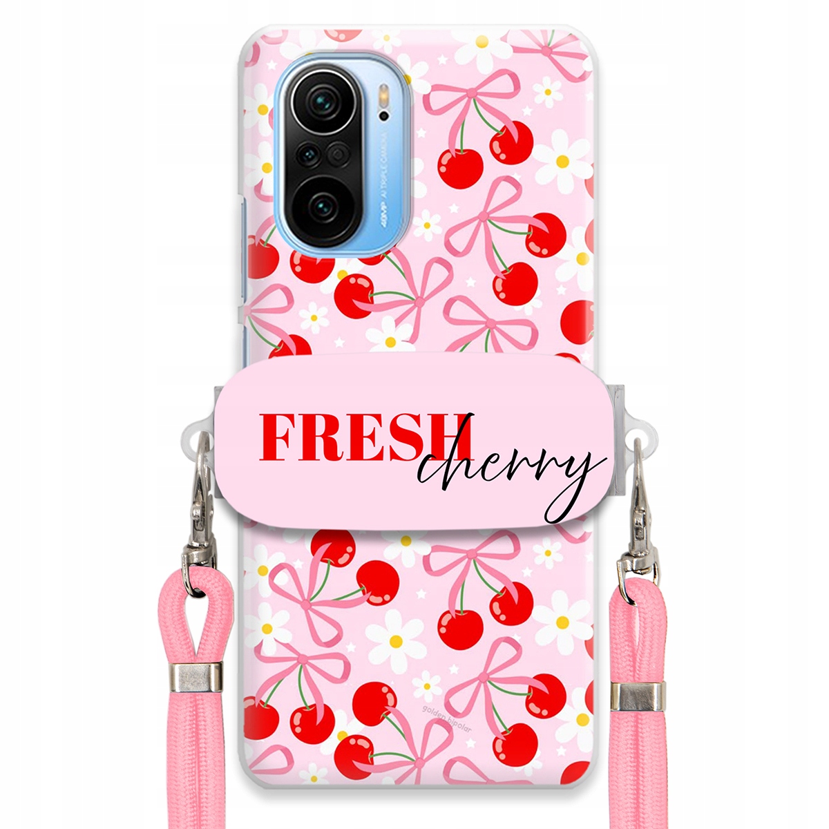 Pouzdro pro Xiaomi Redmi K40 Case Držák na šňůrku Růžová Fresh Cherry Kokardy