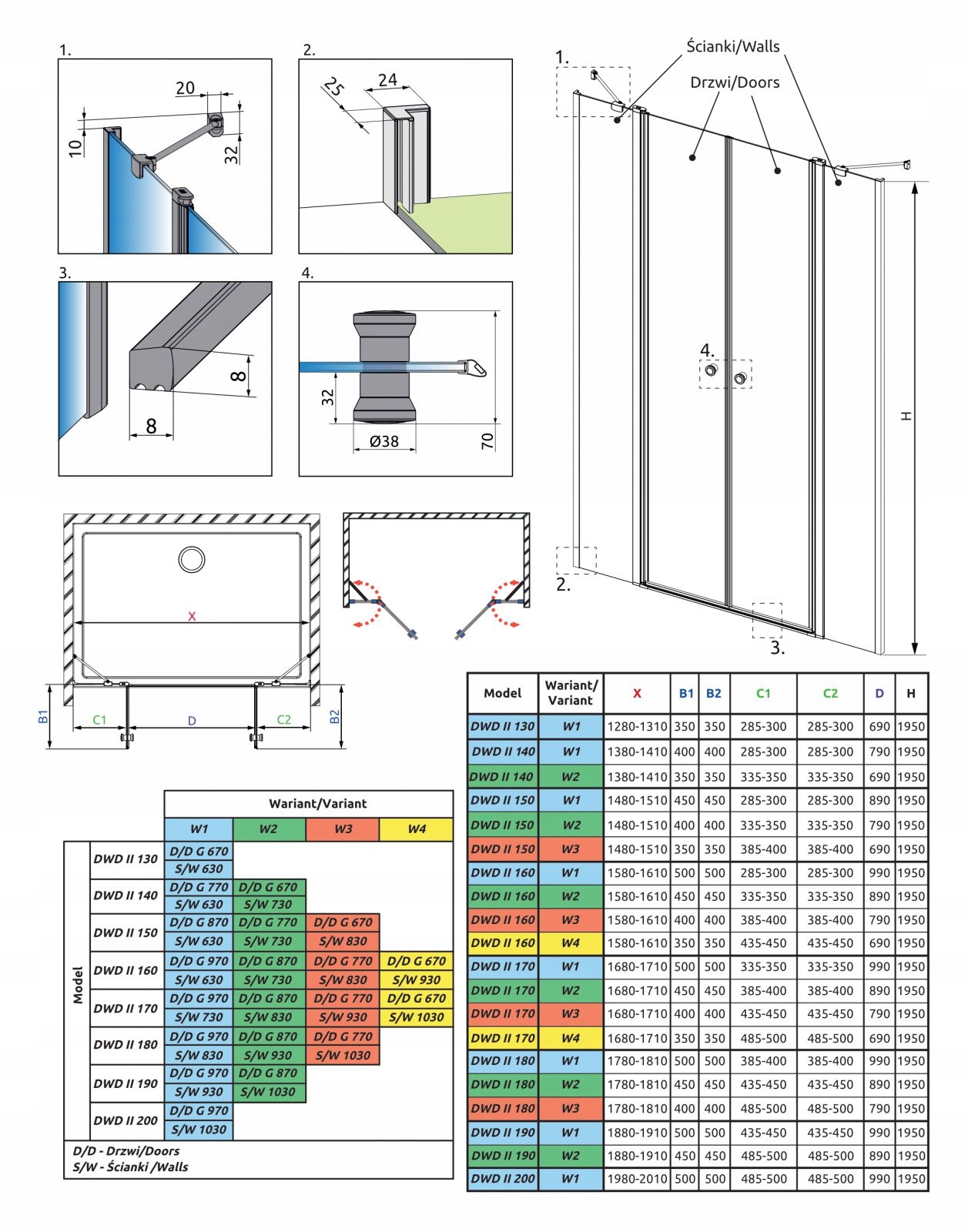 Drzwi prysznicowe szklane Eos DWD 180 UltraClear Typ drzwi podwójne