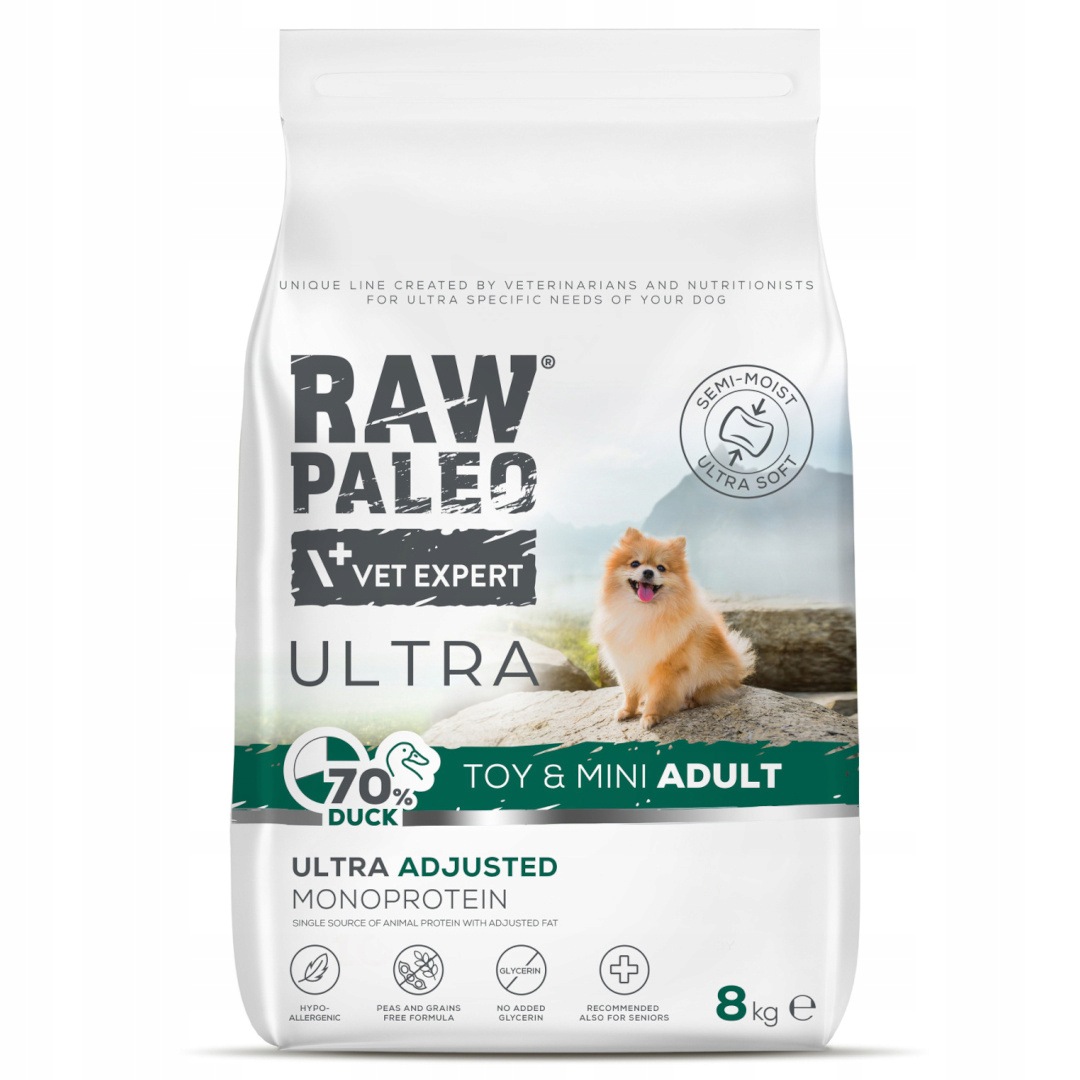 Raw Paleo Ultra Toy&Mini Adult 8kg Polovlhké suché Krmivo s kachnou pro psy