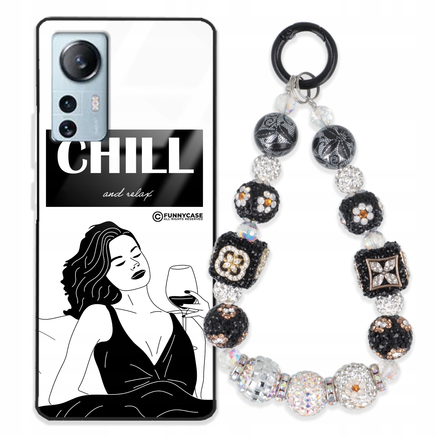 Puzdro Pre Xiaomi Mi 12 Lite Glass Art Čiernobiela Kľúčenka Strieborná Zirkóny Wz