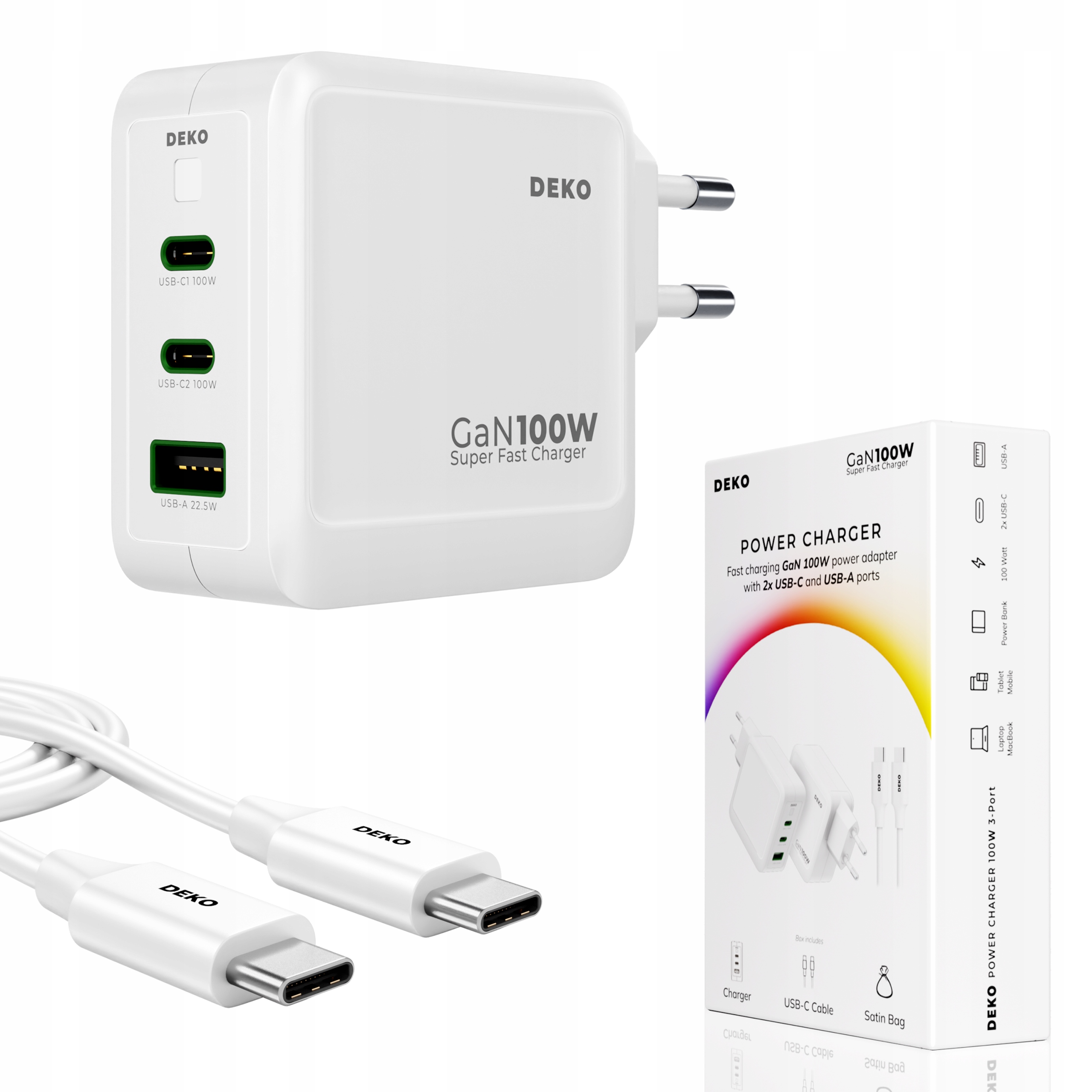 Szybka Ładowarka Usb C Uniwersalna 3x Usb 100W Typ C Kabel Usb C 100W
