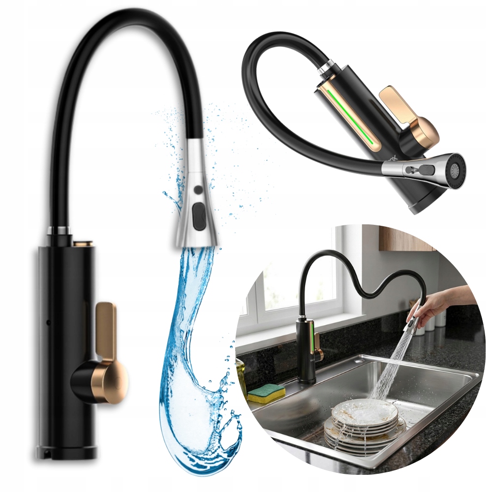 Elektrický prietokový ohrievač na vodu Kuchynská batéria Čierna Zlatá