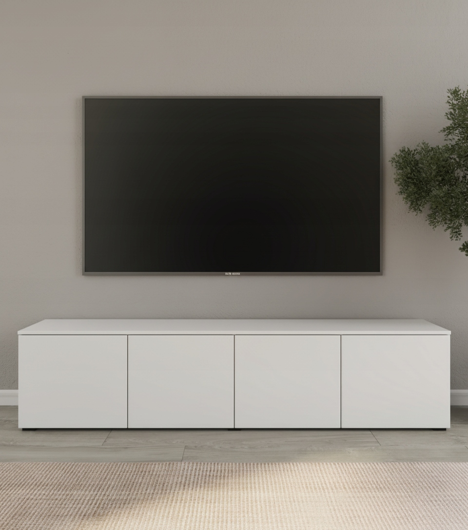 STOJĄCA SZAFKA RTV KOMODA PÓŁKA POD TELEWIZOR 200 CM BIAŁY MAT, 4 DRZWI