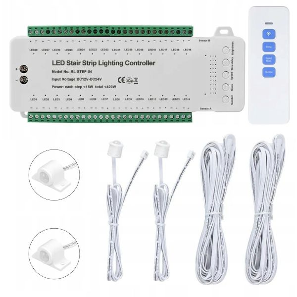 Sterownik Schodowy 28 kanałów 12-24V 420W 2x Czujka ruchu Pir Pilot