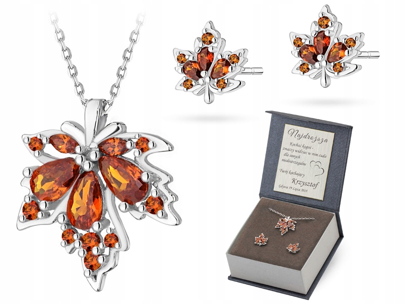 Stříbrná Souprava ryzost 925 Náhrdelník a Náušnice Javorový List Hnědá Zirkon