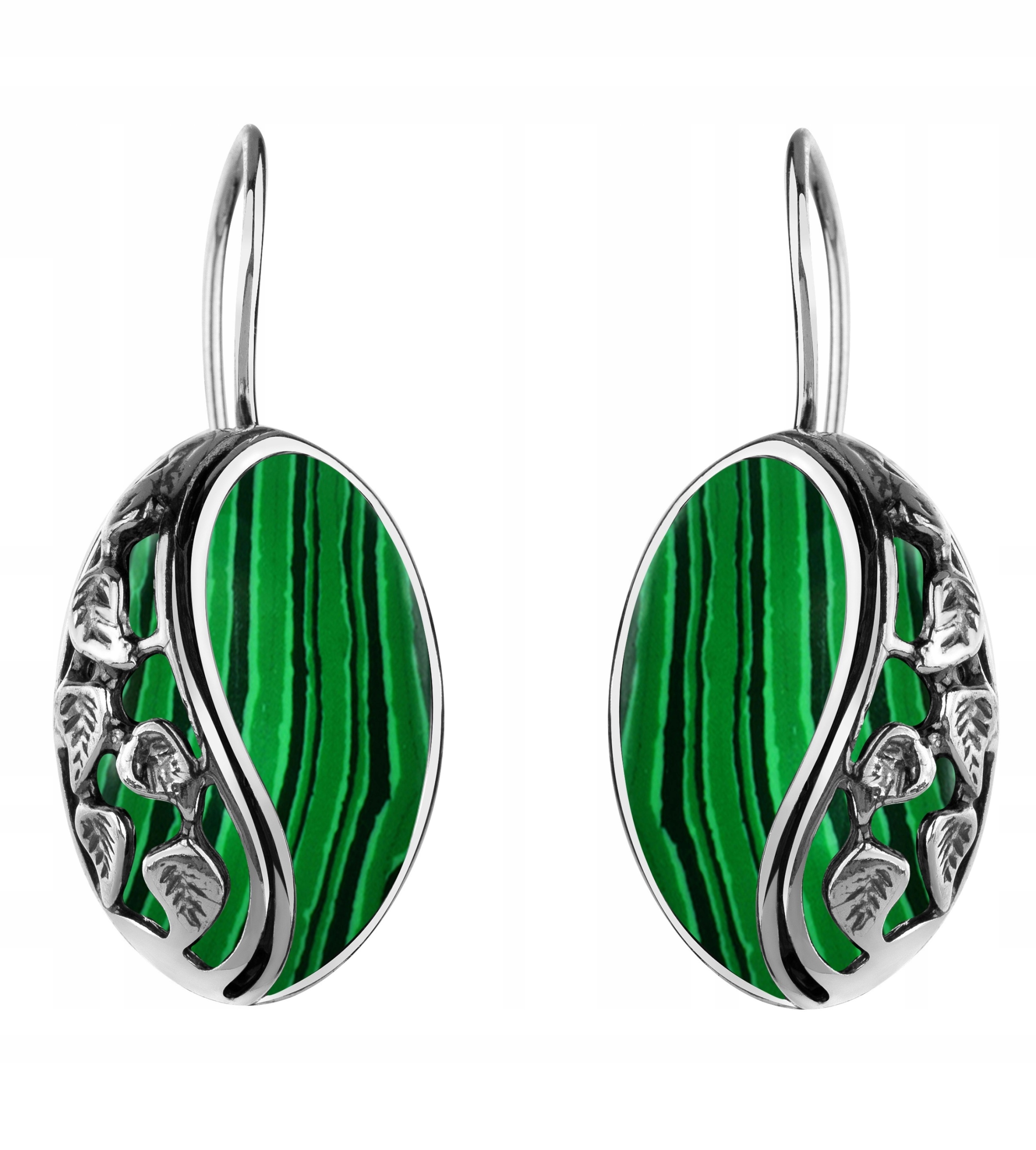 

Kolczyki Srebrne Z Malachitami I Listkami PRÓBA925