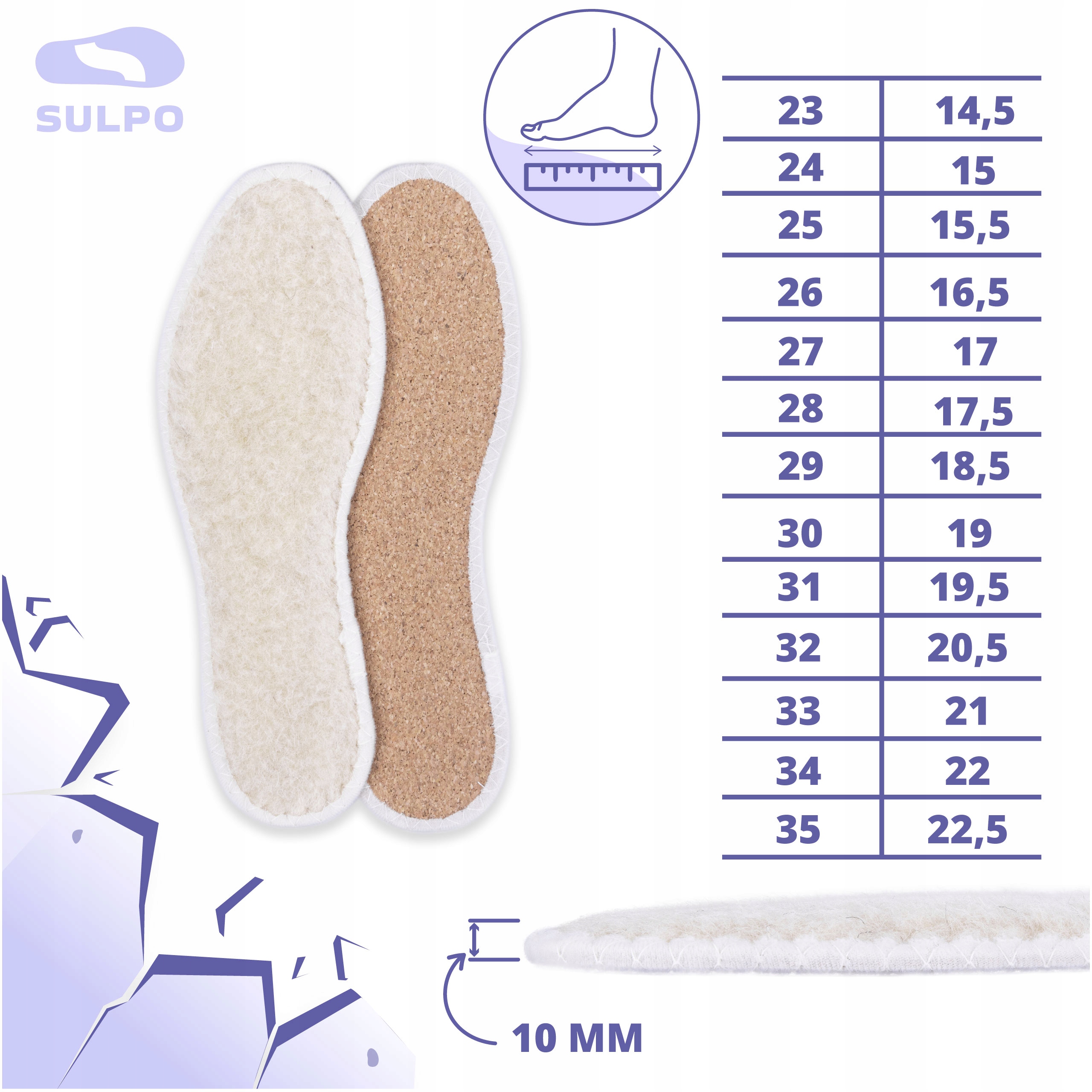 Wkładki do obuwia zimowego dla dzieci ocieplające stopy obszywane wełna 26 Rozmiar 26