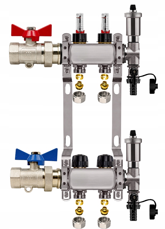 Rozdělovač Pro Podlahovou Krytinu 2 Nerezové Okruhy Rovný Ventil Pexové Spojky