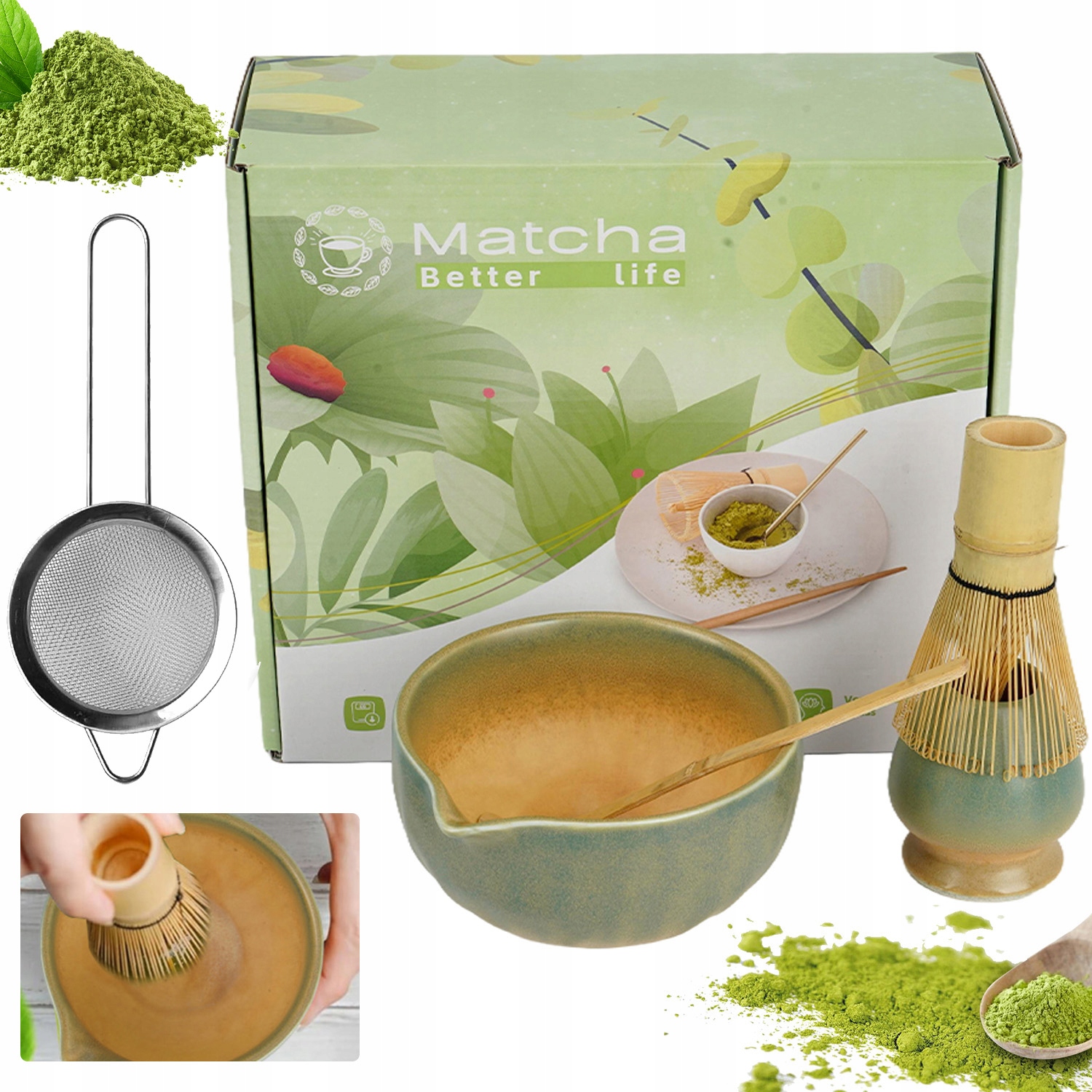 Levně Ceremoniální Sada Pro Matchu Šálek Šlehací Metla Podstavec Lžíce Sítko 5KS