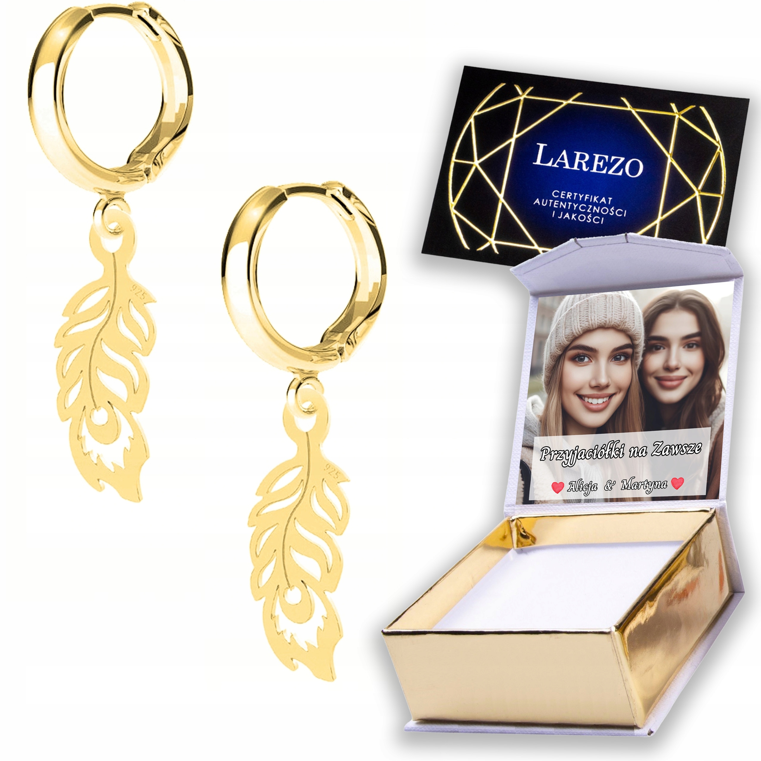 Zlaté Náušnice 925 Ozdobné peří Pírka Páv Plechy s peřím Potisk