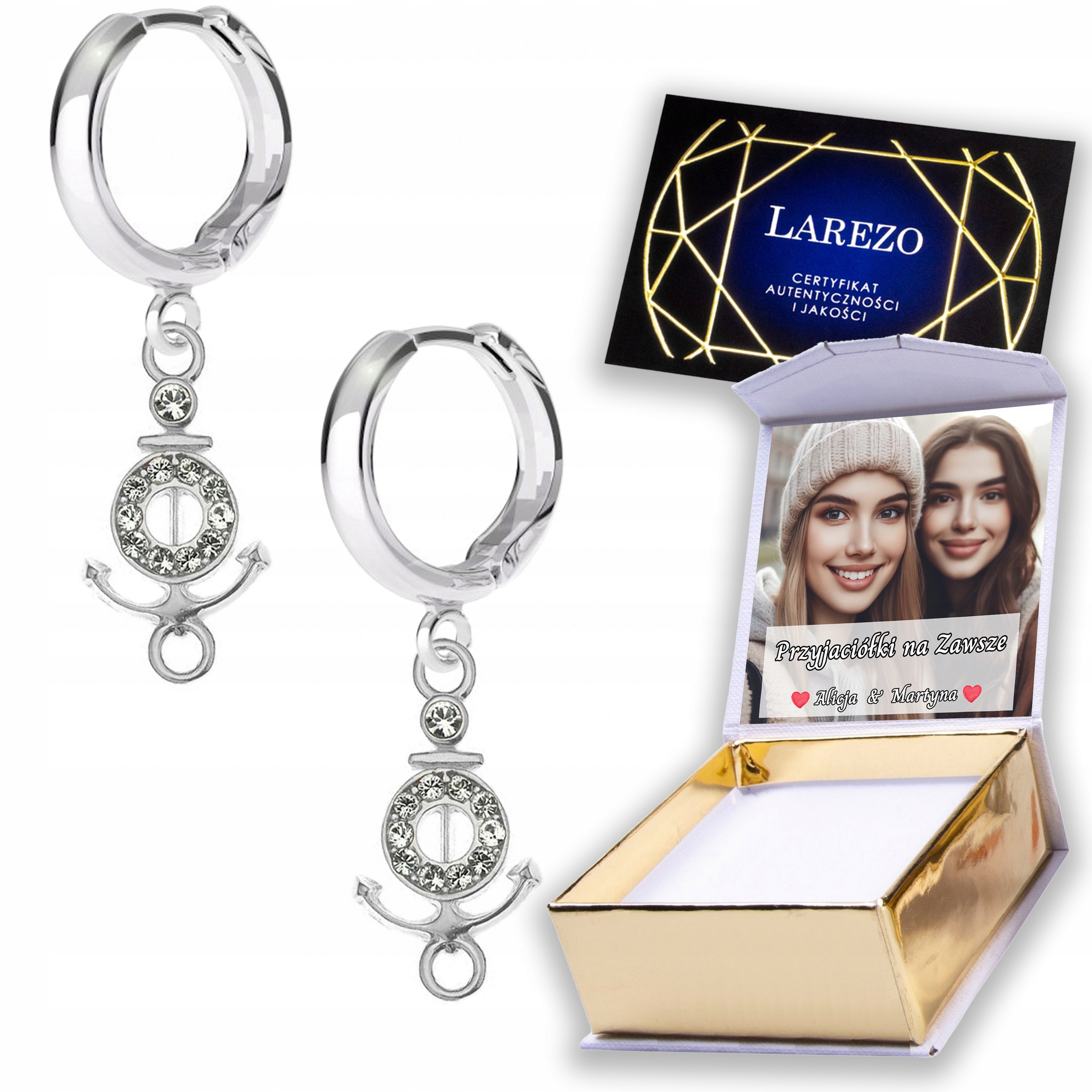 Stříbrné Náušnice 925 Kotva Loď Boat Loď Moře s zirkony Potisk