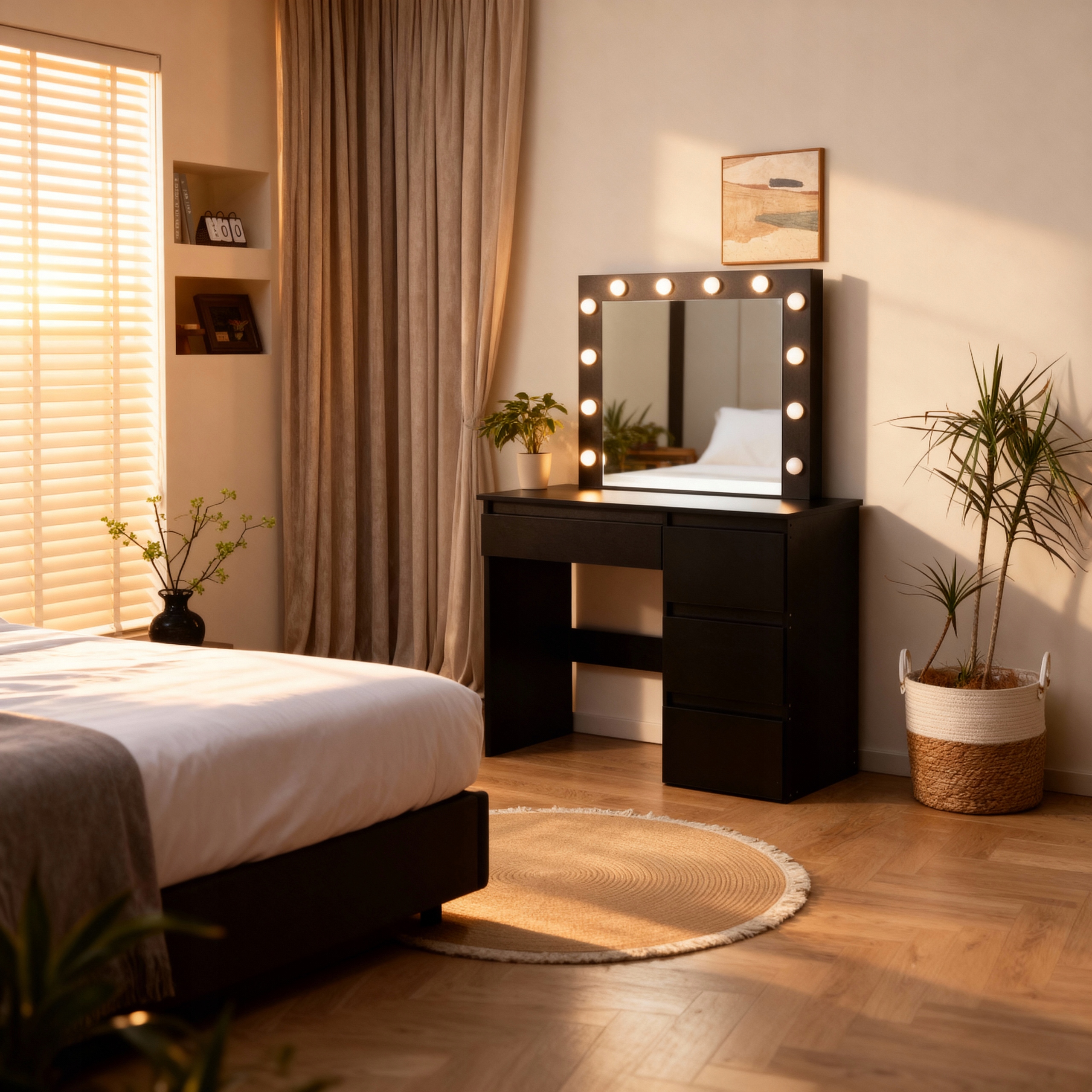 TOALETKA LUSTRZANA DT06 LED 3 BARWY ŚWIATŁA DUŻE LUSTRO 4 SZUFLADY CZARNY