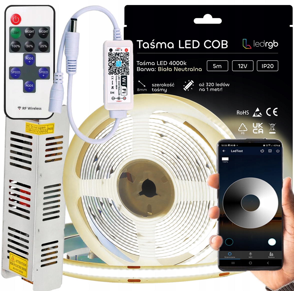 Sada Led pásků Cob 12V 5 m 4000K Bílá Neutrální Napájecí Zdroj Dálkový Ovladač Wifi Apka