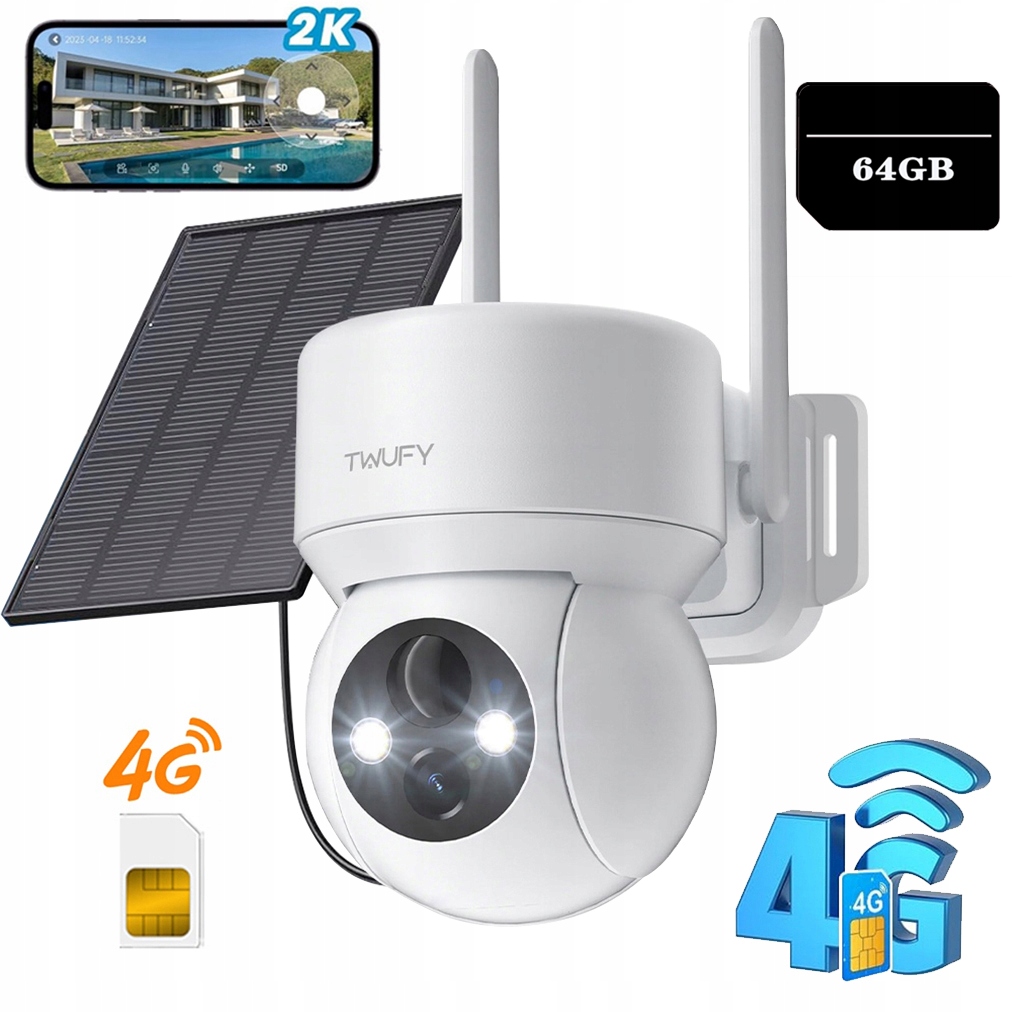 Otočná Solární Kamera Gsm 4G Lte Sim 2K 3MPX Zoom 4X Ptz Monitoring 64GB