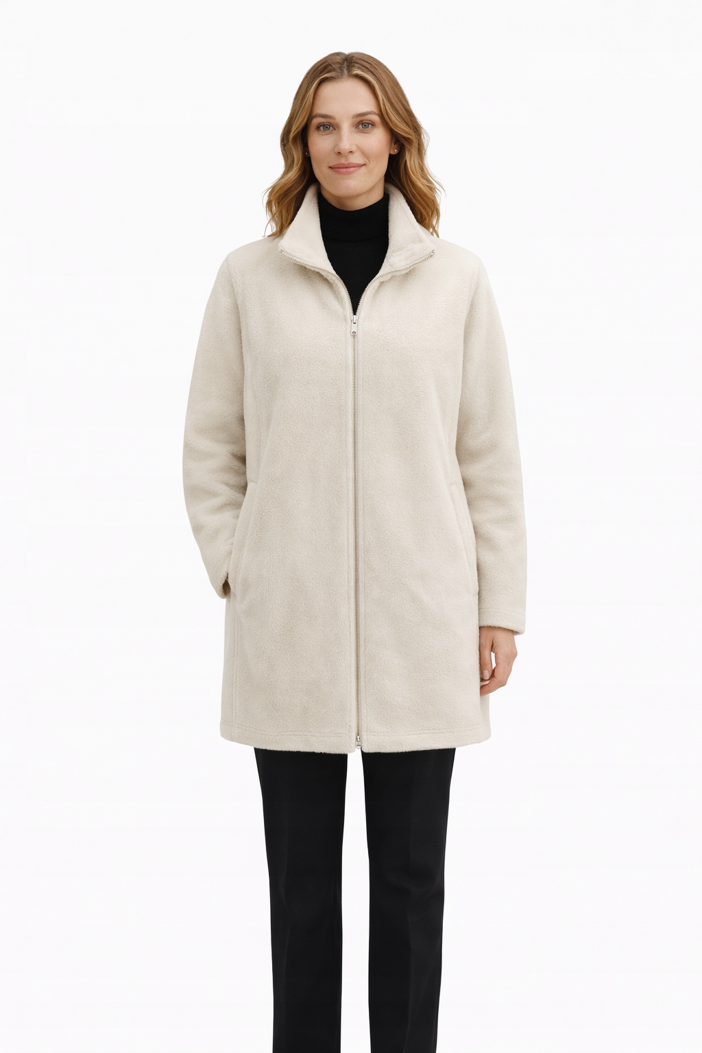 Krémová Bunda Na Zip, Jednoduchý Střih, Dlouhý Rukáv, Velikost M 1I3A