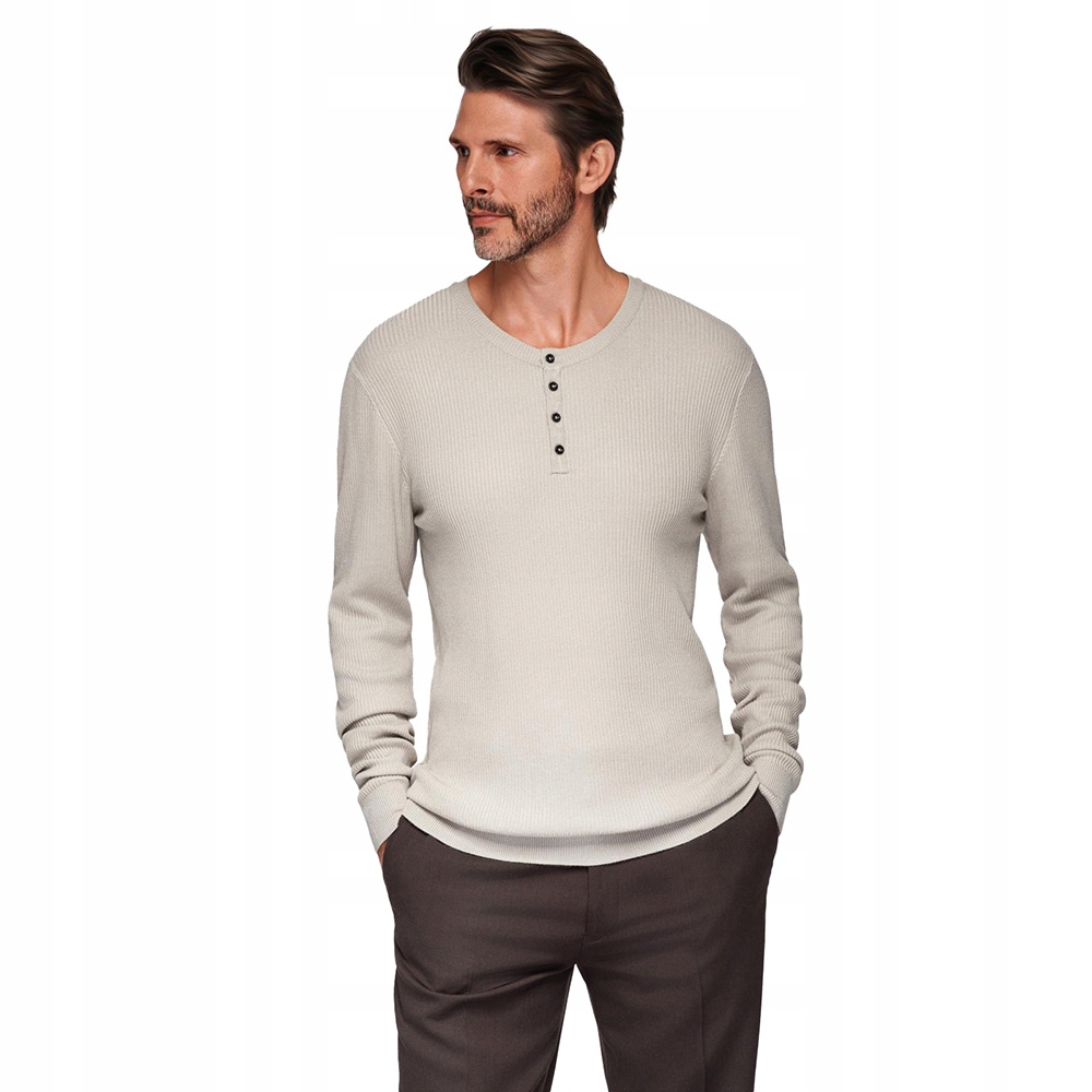 Pánský béžový svetřík s proužky a knoflíčky u krku V3 OM-SWSW-0182 XL
