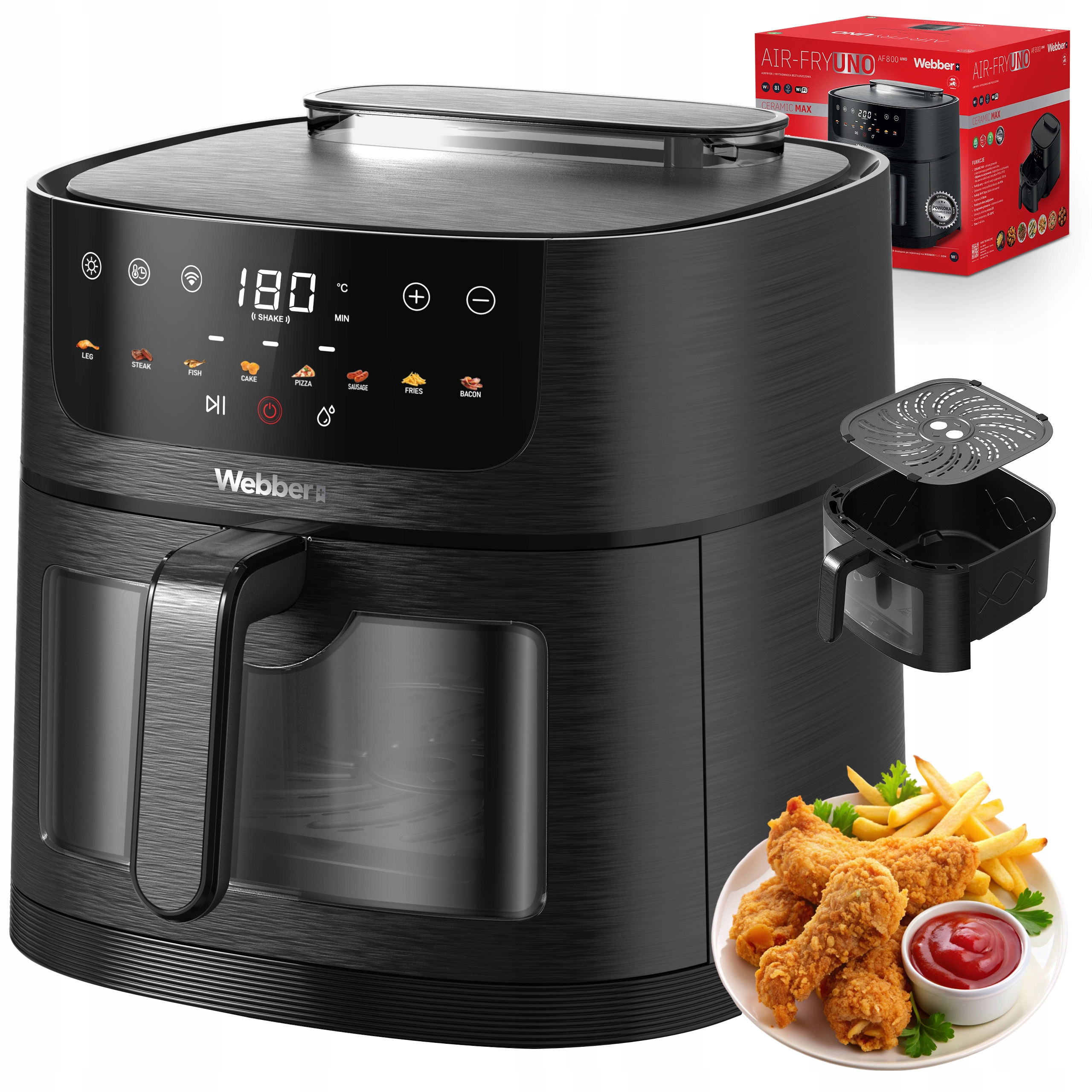 Horkovzdušná fritéza 8L Air Fryer Webber 1800W Wifi 8 programů S Párou